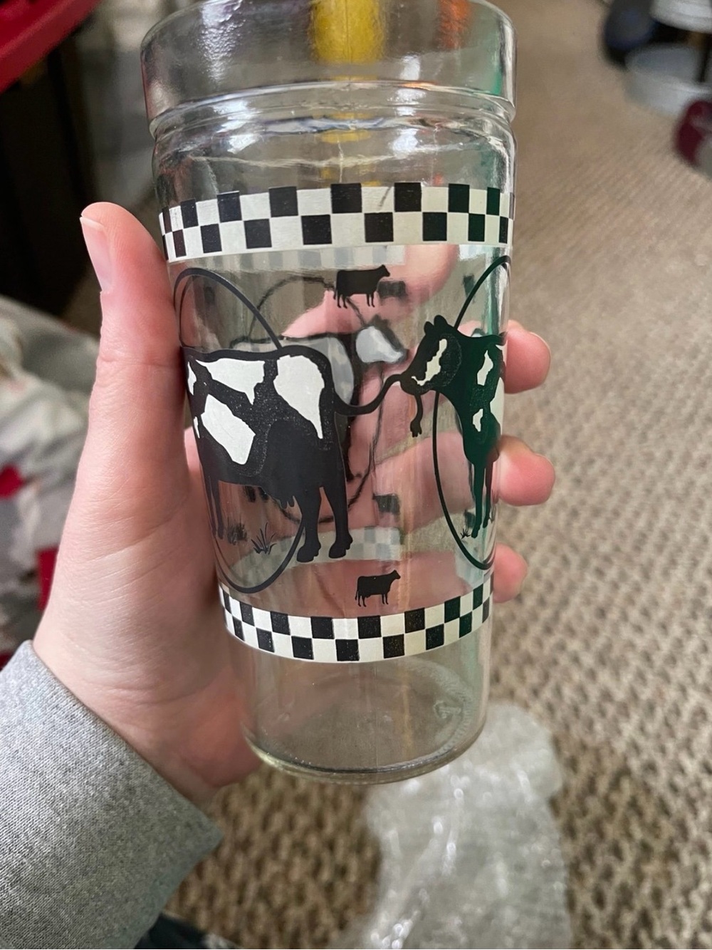 Cow Print Glass Tumbler with Checkerboard Trim